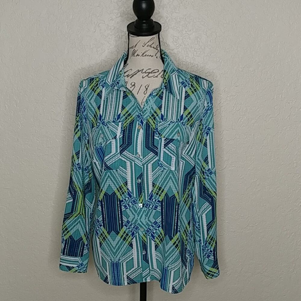 Coral Bay Sheer Geometric Print Button Front Top Size M